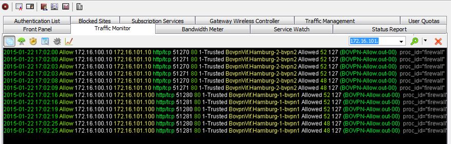 Captura de pantalla de mensajes de registro en la pestaña Traffic Monitor.